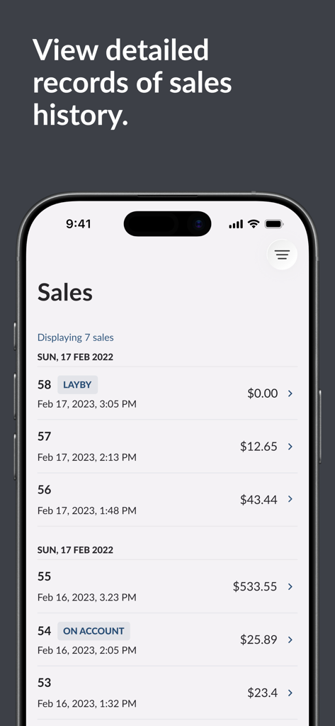 Lightspeed Reporter (X) - Registros detallados del historial de ventas que muestran los montos de las transacciones y los tiempos en la aplicación móvil Lightspeed Reporter.