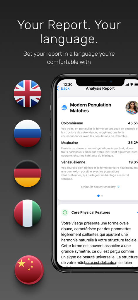 Ancestry & Ethnicity: Face DNA - Un iPhone affichant un rapport d'analyse d'ascendance en français avec divers drapeaux nationaux indiquant les options de langue.