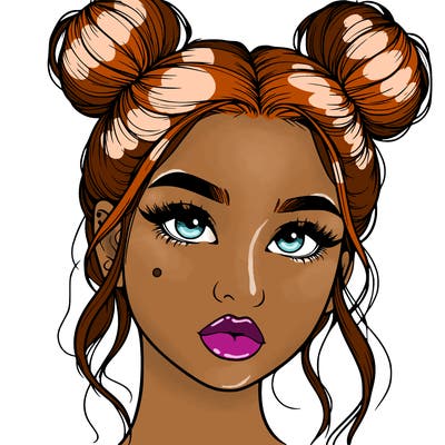 realistic girl with two buns on her hair and lips