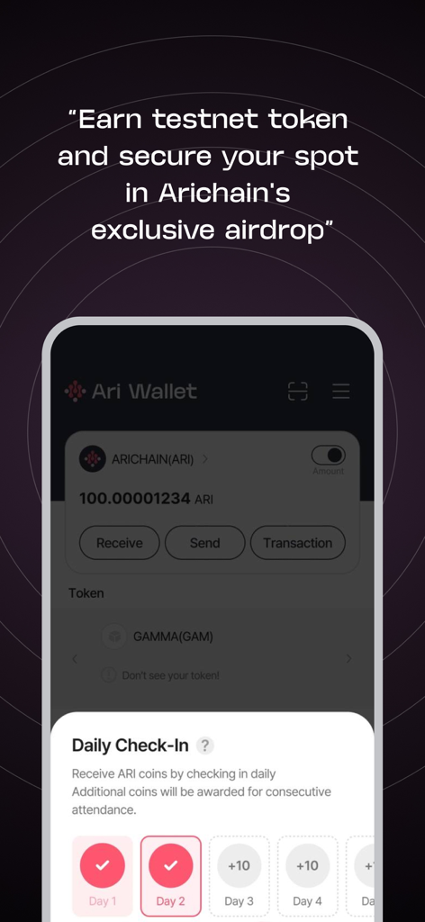 Ari Wallet - Ari Wallet app interface showing daily check-in feature for earning tokens and airdrop eligibility