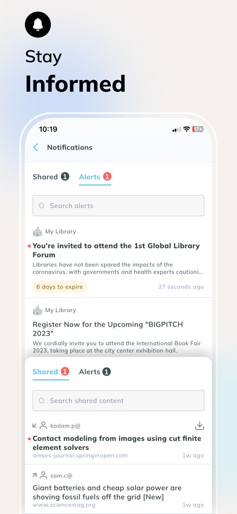 Interfaccia dell'app MyLOFT che mostra notifiche della biblioteca e contenuti accademici condivisi
