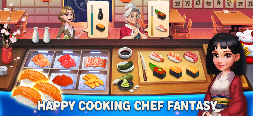 Happy Cooking 3: Cooking Games - A chef preparing various sushi dishes for customers in a Japanese restaurant within the Happy Cooking 3 mobile game.