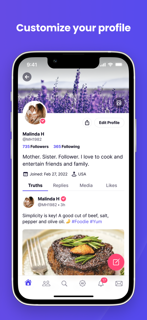 Truth Social - Pantalla de perfil de usuario de la aplicación móvil Truth Social que muestra la biografía personal y una publicación reciente con una imagen