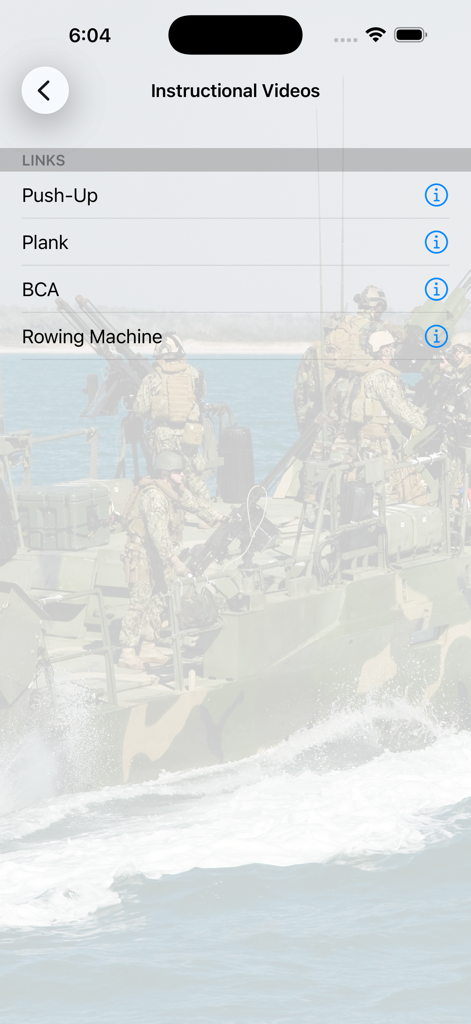 Instructional videos list for Navy physical fitness assessment events including pushups and planks