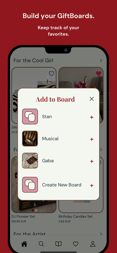 GiftBoard - The GiftBoard app Add to Board screen for organizing gift ideas into personalized collections.