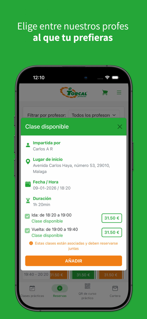 Captura de pantalla de la aplicación móvil Torcal Autoescuelas que muestra los detalles de reserva de una clase práctica de conducción, incluido el nombre del instructor, el precio y la ubicación.