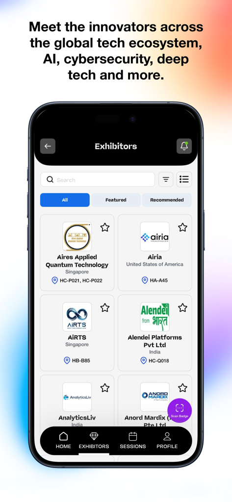 GITEX AI ASIA 2026 - Uma tela do aplicativo GITEX AI ASIA 2026 mostrando uma lista de expositores de tecnologia com opções de pesquisa e filtro