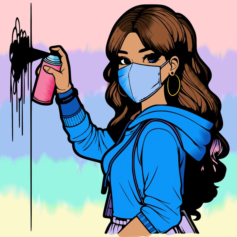 realistic girl with mask spray painting a wall