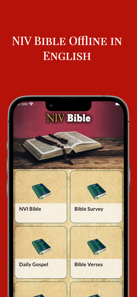 NIV Bible Offline in English - NIV Bible Offline app main interface showing options for Bible Survey and Daily Gospel