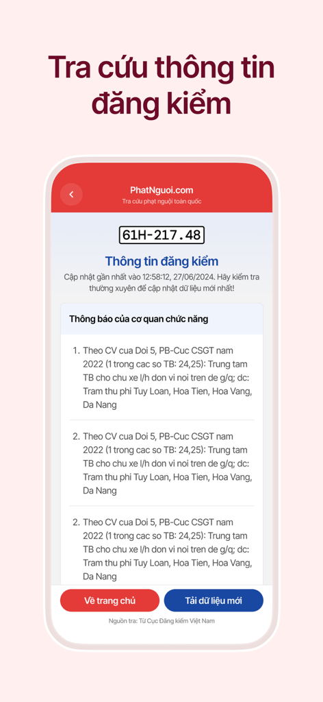 Vietnamese mobile app screen showing vehicle registration information and official traffic authority notices for a specific license plate