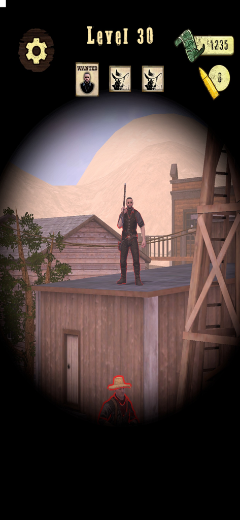 Wild West Sniper: Cowboy War - Scharfschützen-Zielfernrohr-Ansicht von Zielen in einer Wild-West-Stadt während Stufe 30