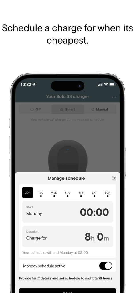 Mobile app interface showing a schedule manager for electric vehicle charging to optimize for low tariff hours.