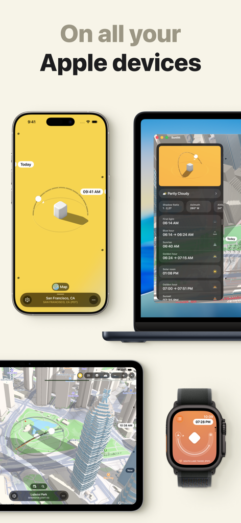 Sunlitt app interface shown on iPhone, iPad, MacBook, and Apple Watch.