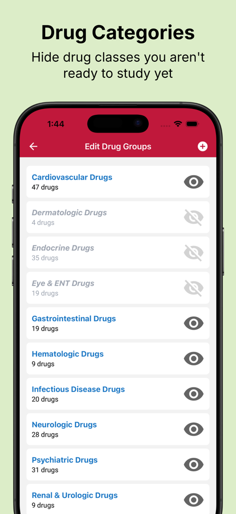 RxFlip - Una pantalla en la aplicación RxFlip que muestra una lista de categorías de fármacos como cardiovasculares y neurológicos que los usuarios pueden activar para personalizar sus sesiones de estudio.