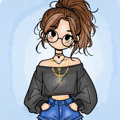 girl with a messy ponytail glasses a baggy crop top and jean shorts