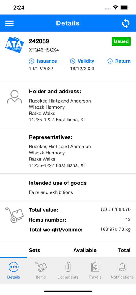 Interface of the ATA Carnet app displaying details for an issued customs document including holder information and total shipment value