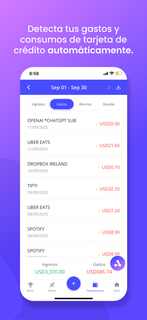 Alba AI - Captura de pantalla de la aplicación Alba AI que muestra el rastreo automático de gastos y el resumen financiero en español.