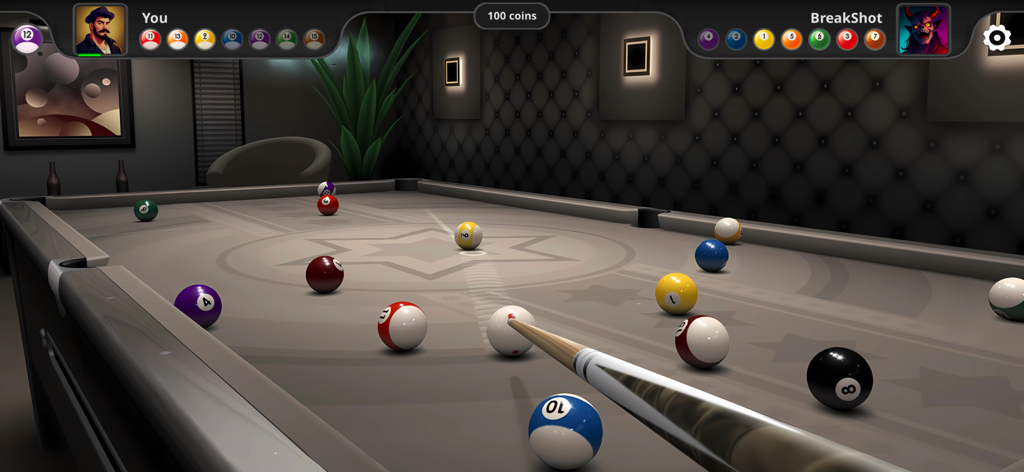 A realistic 3D pool game match with a player aiming a cue stick at the white cue ball on a grey table