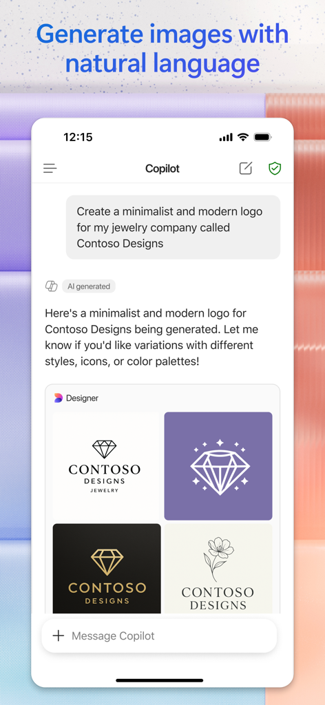 Microsoft 365 Copilot app interface showing AI generated logos for a jewelry brand