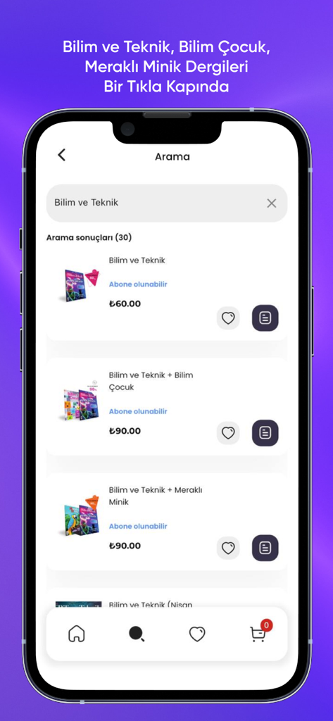 TÜBİTAK Yayınlar app search screen displaying various science magazine subscription options including Bilim ve Teknik and Bilim Çocuk.