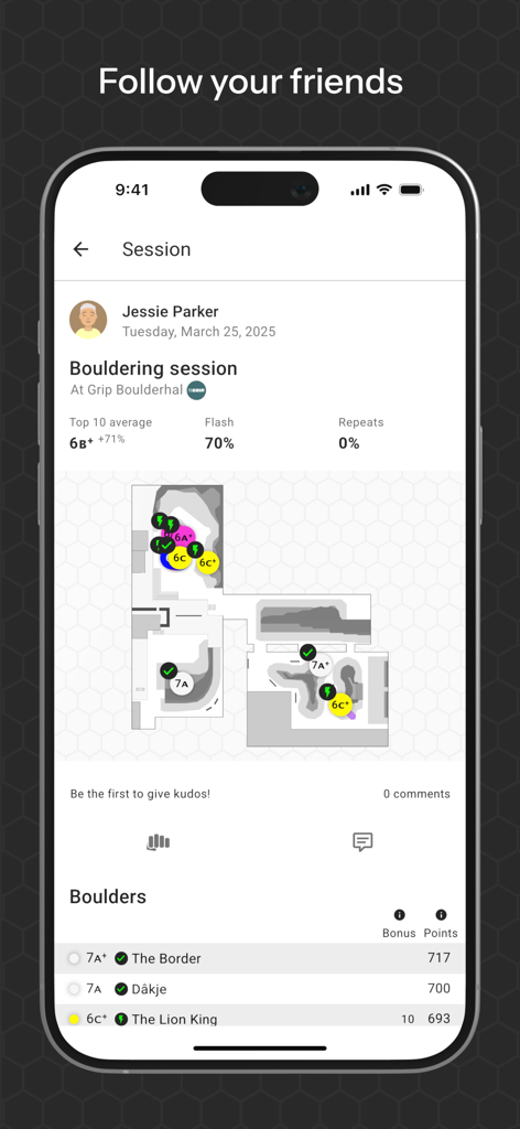 TopLogger - TopLogger app bouldering session summary showing climbing stats and an interactive gym map