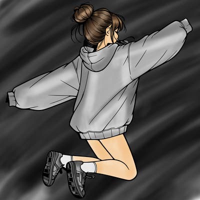 realistic girl jumping with a bun and oversized sweatshirt