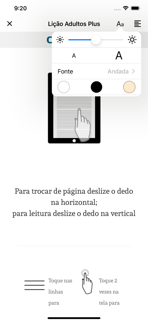 Lição da Escola Sabatina - Configurações de leitura e personalização de texto no aplicativo Licao da Escola Sabatina.