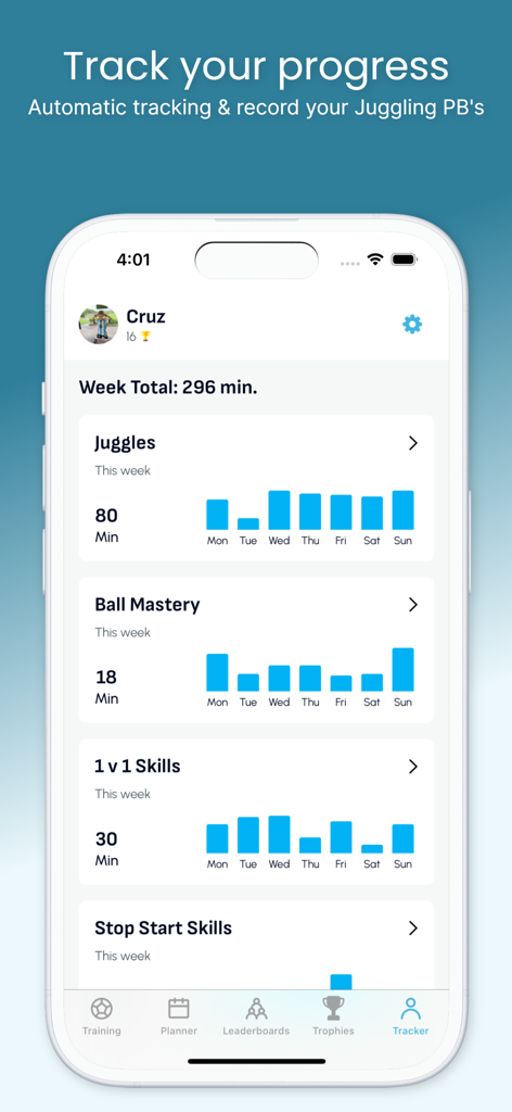 247 Football: Soccer Academy - A progress tracker screen in the 247 Football app showing weekly training statistics and skill categories