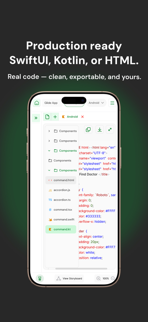 Interfaccia mobile di AppForceStudio che mostra codice SwiftUI, Kotlin e HTML pronto per la produzione