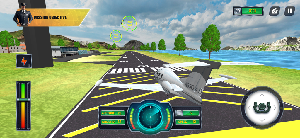 Real Flight Simulator - A private jet on an airport runway with flight control overlays and mission objectives in Real Flight Simulator 3D