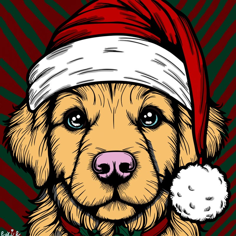 realistic dog with a christmas hat