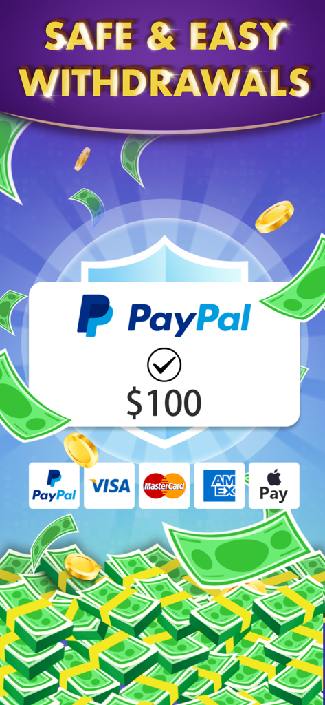 Word Block: Win Real Prize - Word Block app interface showing safe withdrawals with a one hundred dollar PayPal payout and cash background