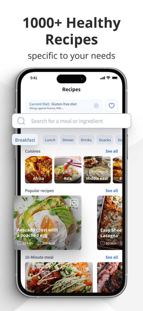 Écran de l'application FitFast montrant une barre de recherche et une collection de recettes saines classées par type de repas et cuisines du monde