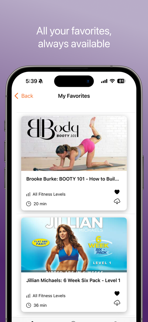 The My Favorites screen of the FitFusion app displaying saved workout videos from celebrity trainers like Jillian Michaels and Brooke Burke