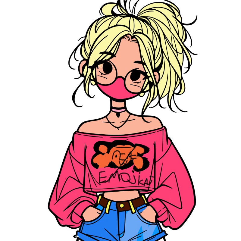 girl with a messy ponytail glasses a baggy crop top and jean shorts