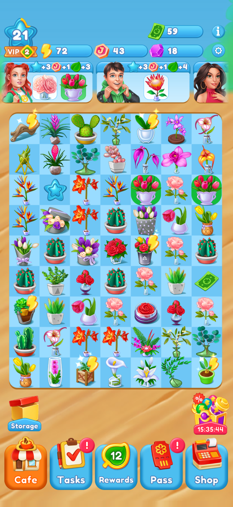 Joy Cafe: Tasty Merge Game - A gameplay screenshot showing a grid of various flowers and plants to be merged in the Joy Cafe game.