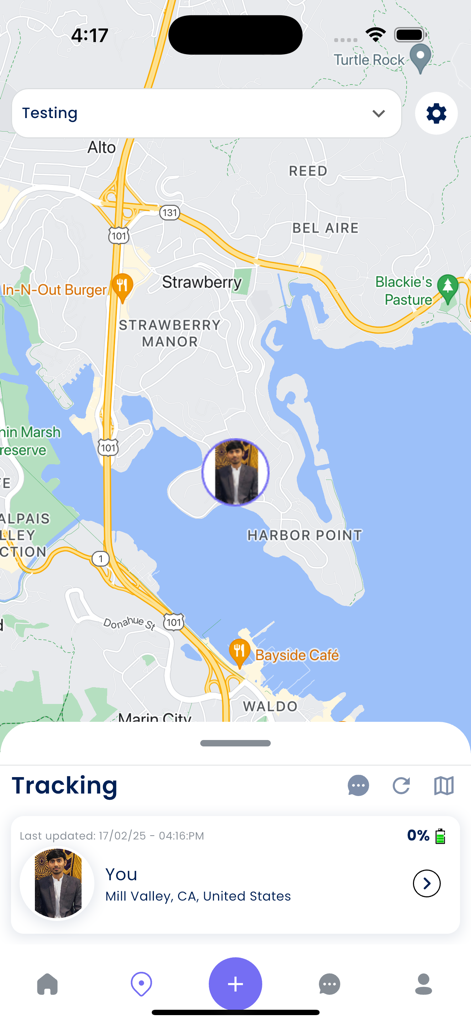 Real time location tracking screen in the Family Circle app showing a map interface