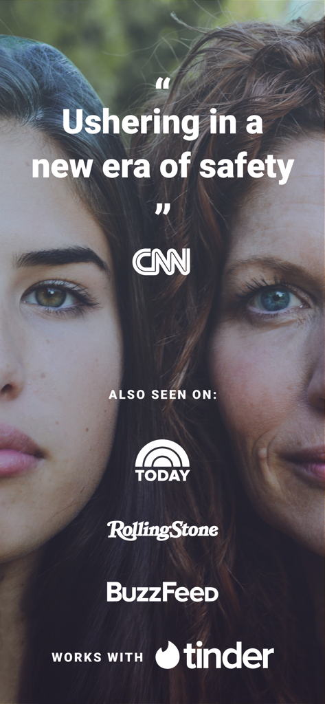 Noonlight: Feel Protected 24/7 - Imagen promocional de la aplicación de seguridad Noonlight que incluye logotipos de medios como CNN, TODAY y Rolling Stone, junto con una mención de la asociación con Tinder.