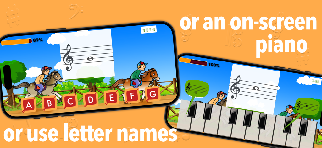 Flashnote Derby - Two mobile screens of Flashnote Derby showing music note identification using letter names and an on-screen piano