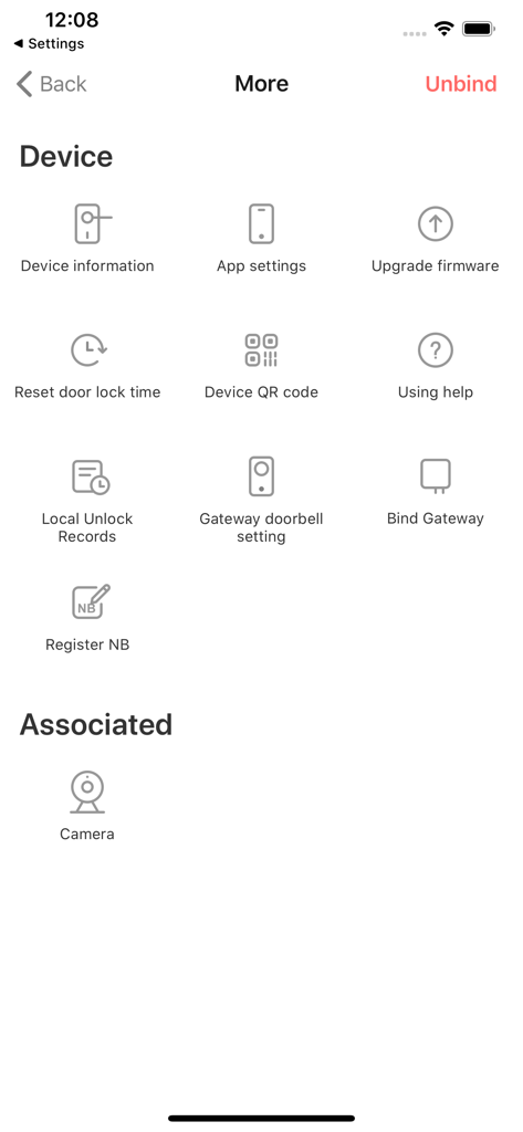 WisHome app menu for device settings and camera linkage