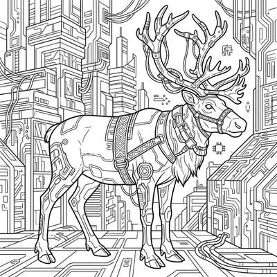 Immerse yourself in a thrilling futuristic world with this unique Sami Reindeer cyberpunk coloring page. Discover a majestic creature transformed by technology amidst a sprawling urban cityscape, ready for your artistic touch.