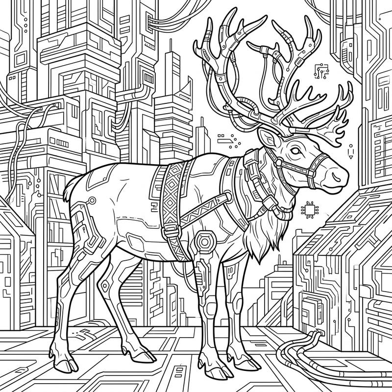 Immerse yourself in a thrilling futuristic world with this unique Sami Reindeer cyberpunk coloring page. Discover a majestic creature transformed by technology amidst a sprawling urban cityscape, ready for your artistic touch.