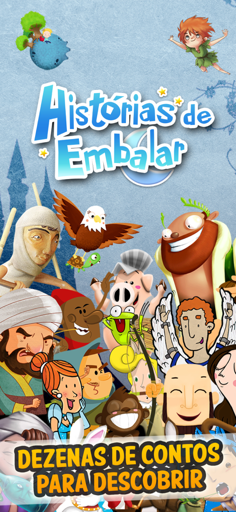 Uma coleção colorida de personagens clássicos de contos de fadas do aplicativo Histórias de Embalar para crianças.