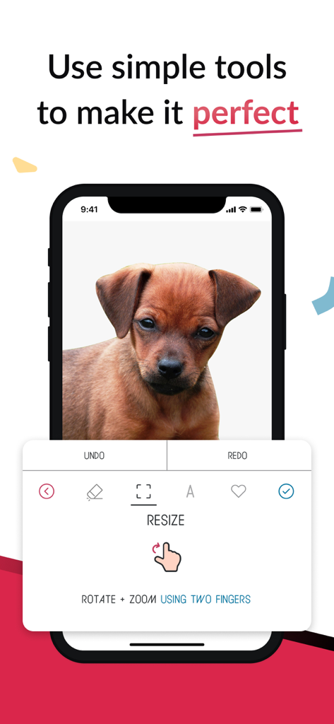 Custom Emojis Maker App-Oberfläche, die zeigt, wie ein Welpenfoto mit Größenänderungs- und Zoomwerkzeugen bearbeitet wird