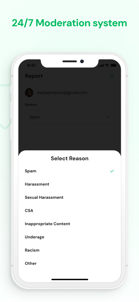 Emerald Chat app interface showing the user report screen with reasons like harassment and spam under the 24/7 moderation system banner.