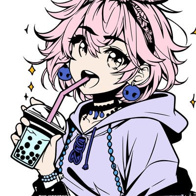 hot baddie anime girl drinking boba and biting the straw