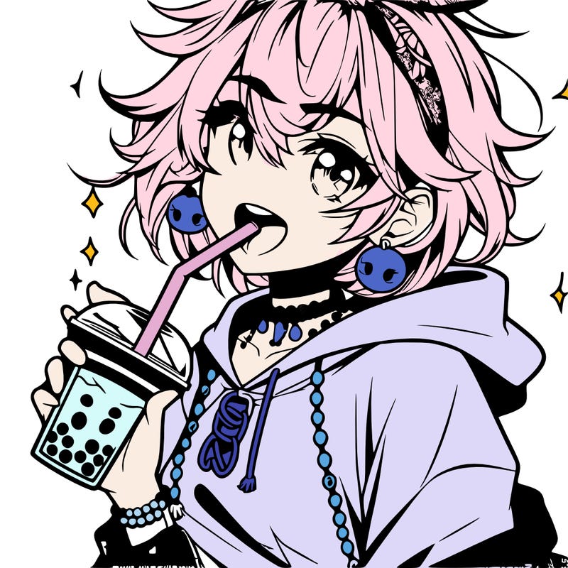 hot baddie anime girl drinking boba and biting the straw