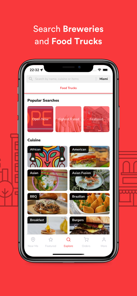 Truckster - Find Food Trucks - Mobile screen of the Truckster app showing food truck and brewery search options by cuisine in Miami