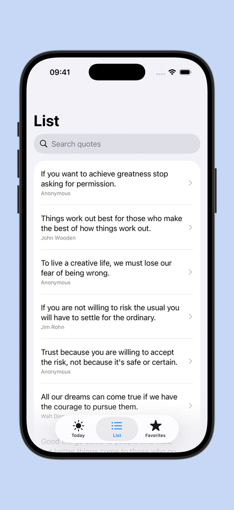 Quote οf the day - 「今日の格言」アプリ内のiPhone画面に表示されたモチベーションを高める格言のリスト