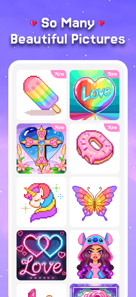 Pixel Coloring-Color by number - Una galería que muestra una variedad de vibrantes diseños pixelados que incluyen un unicornio, una mariposa y un donut.